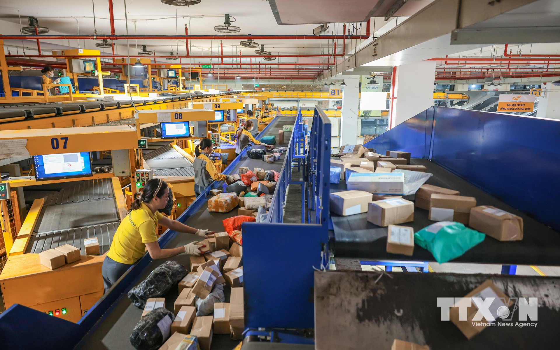 Hệ thống dây chuyền hiện đại sử dụng băng tải 2 tầng cho phép tự động hóa toàn bộ quy trình với độ chính xác 100%. (Ảnh: Hoàng Hiếu/TTXVN)